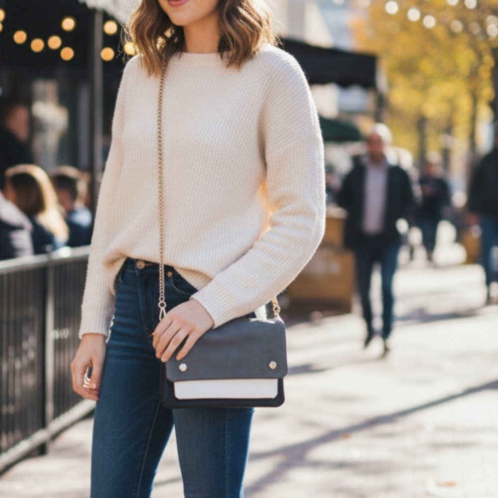 [CESCA] Gray, Wht & Blk Vegan Leather Crossbody Bag/Clutch Removable Gold Chain